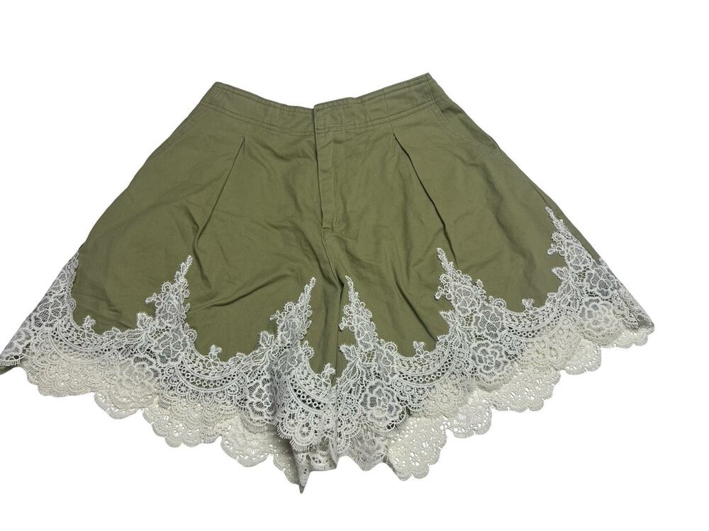 English Factory Women's S Green Pleated Lace Trim Romantic Cottagecore Shorts